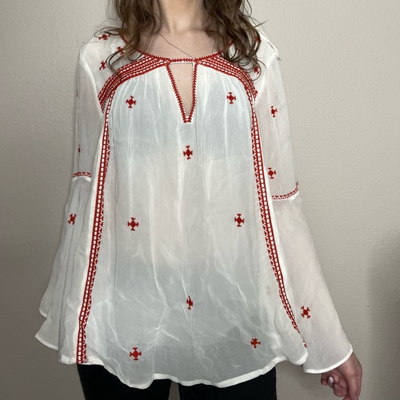 Floreat White Long Flared Sleeve Top with Red Embroidery - Picture 3 of 8